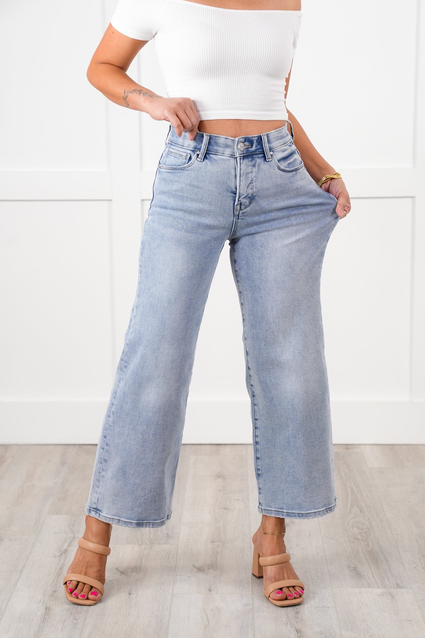 Risen High Rise Light Wash Tummy Control Elastic Waistband Cropped Wide Leg Jeans