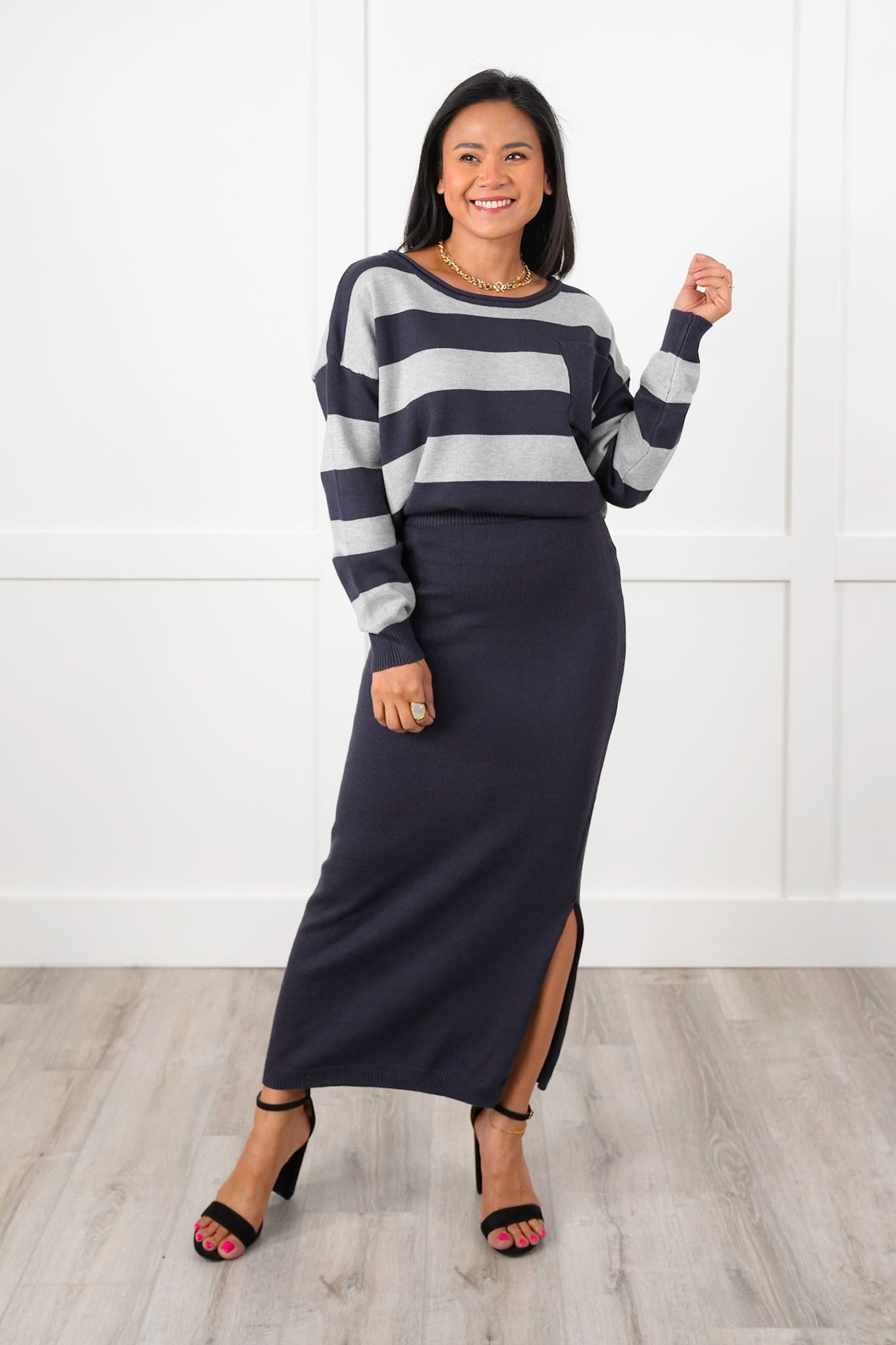 Stripe Long Sleeve Sweater and Pencil Skirt Set
