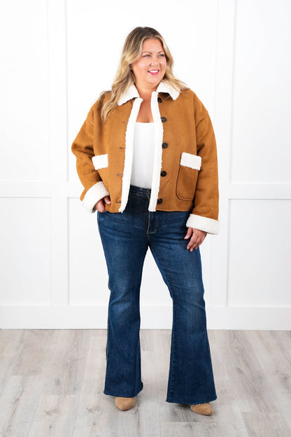 Plus/Reg Vegan Suede Long Sleeve Button Down Jacket with Sherpa Detail