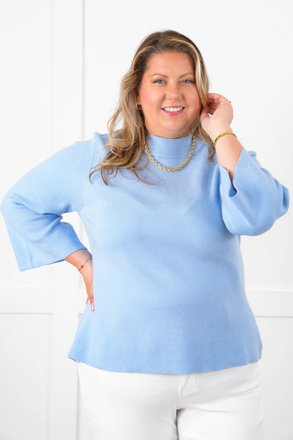 Solid 3/4 Bell Sleeve Mock Neck Knit Top