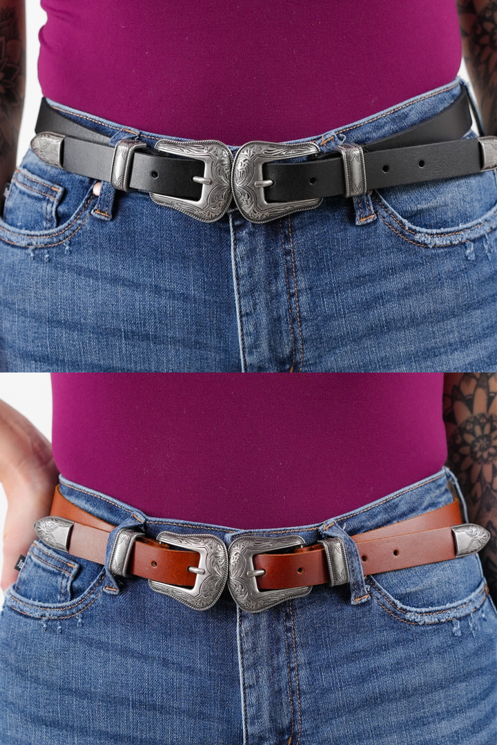 Double Buckle Western Style Leather Belt