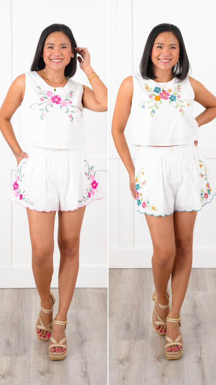 Sleeveless Floral Embroidery Top with Shorts Set