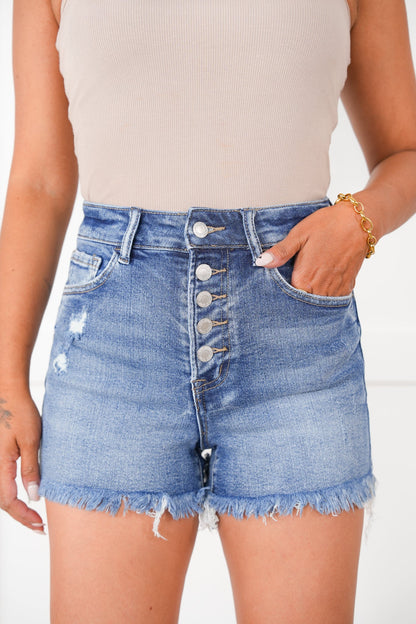 Vervet High Rise Button Up Frayed Hem Shorts