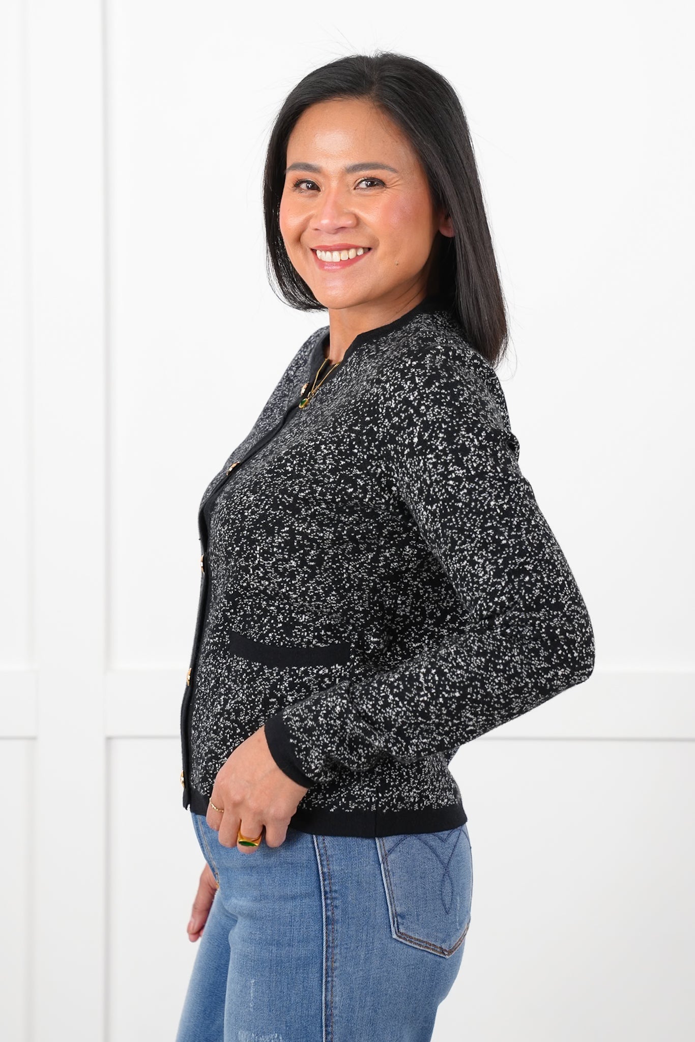 Black Speckled Long Sleeve Button Down Cardigan