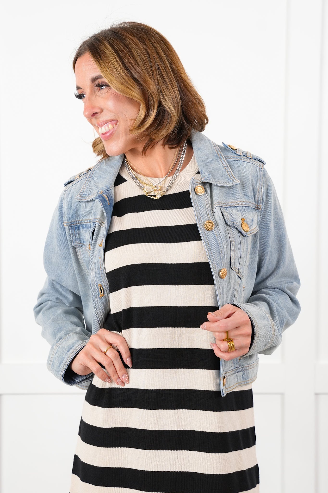 Wide Stripe Short Sleeve Crew Neck Knit Dress with Button Detail