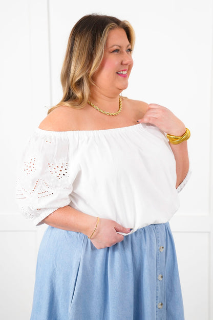 Plus/Reg Short Sleeve Off Shoulder Crop Top with Eyelet Detail