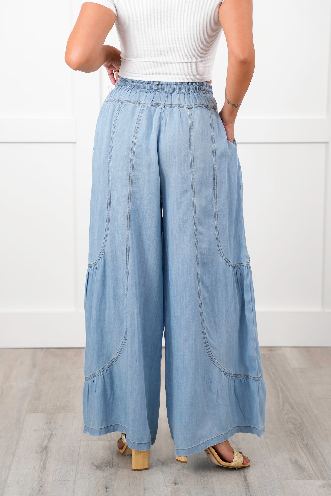Plus/Reg Chambray Elastic Waist Wide Leg Palazzo Pants