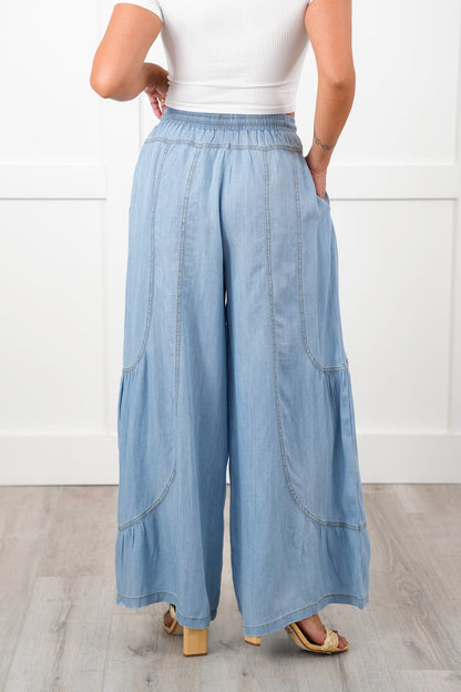 Plus/Reg Chambray Elastic Waist Wide Leg Palazzo Pants