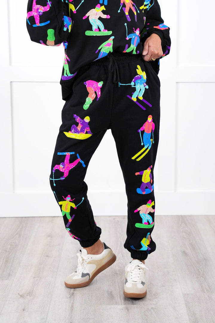 Plus/Reg Queen Of Sparkles All Over Neon Sequin Skiers Elastic Waist Joggers