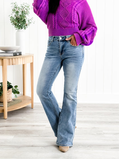 Freckled Poppy X Risen  Wildest Dreams Mid Rise Medium Wash Basic Non Distressed Flare Jeans
