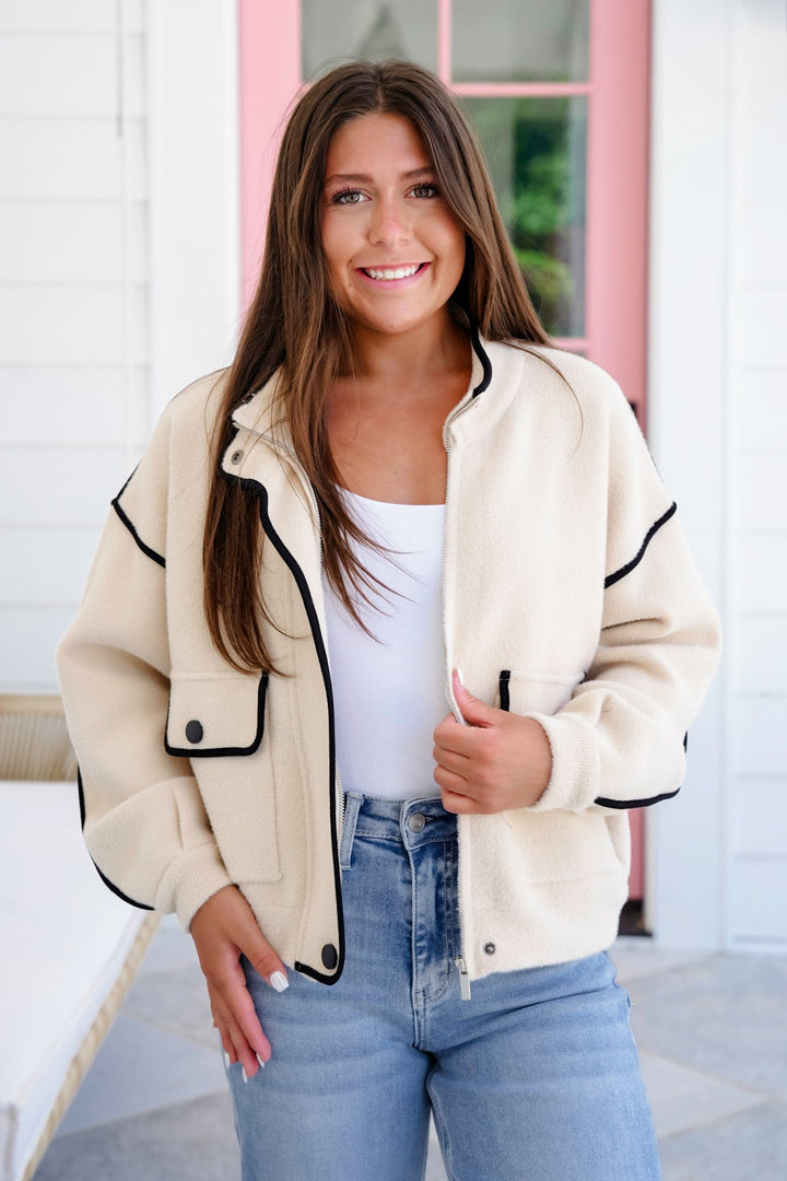 Super Soft Long Sleeve Zip-Up Jacket with Trim Detail