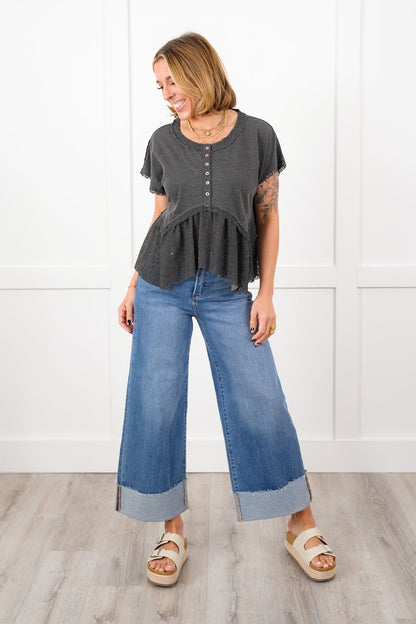 POL Short Sleeve Button Up Knit Top with Crochet Detail