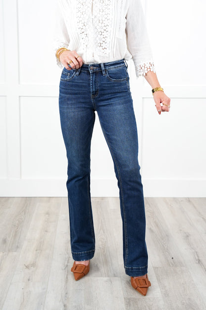 Vervet High Rise Dark Wash Trouser Hem Bootcut Jeans