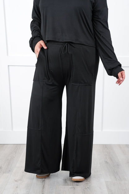 Plus/Reg Solid Elastic Waist Wide Leg Pants