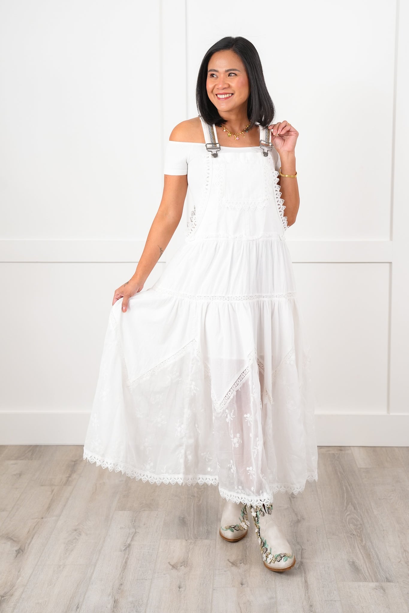 White Overall Dress with Embroidery Detail