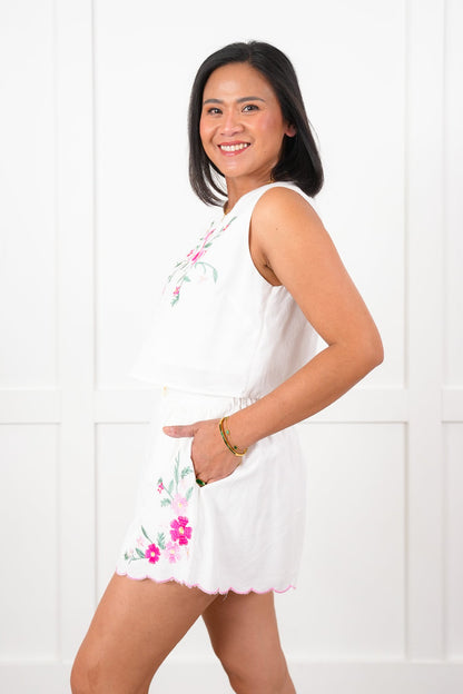 Sleeveless Floral Embroidery Top with Shorts Set