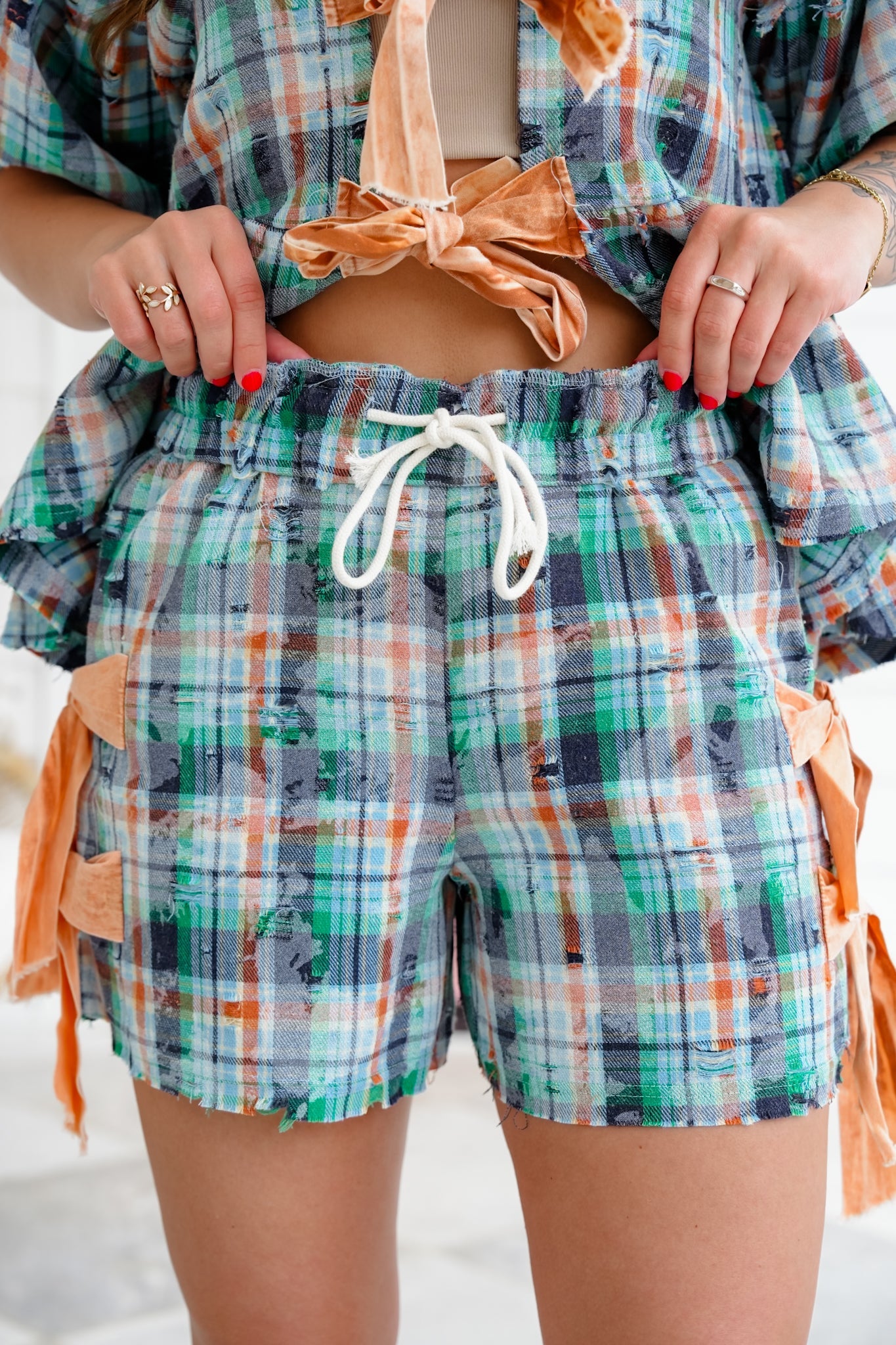Distressed Mineral Washed Plaid Short Sleeve Bow Tie Top with Shorts Set