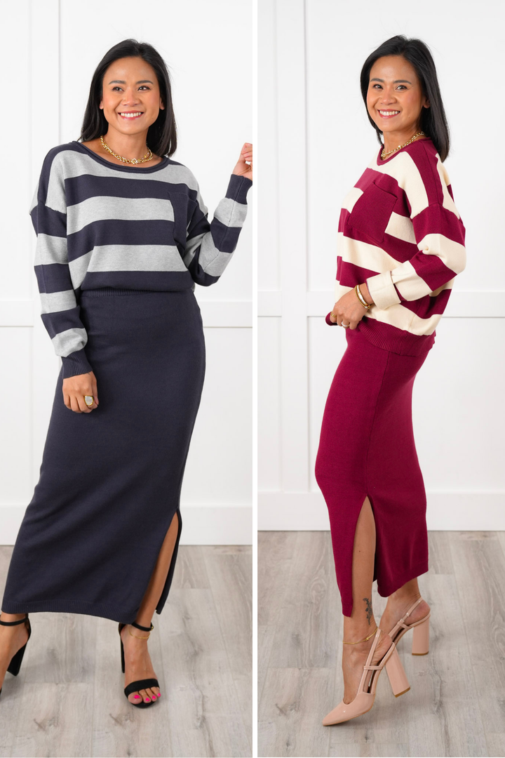 Stripe Long Sleeve Sweater and Pencil Skirt Set