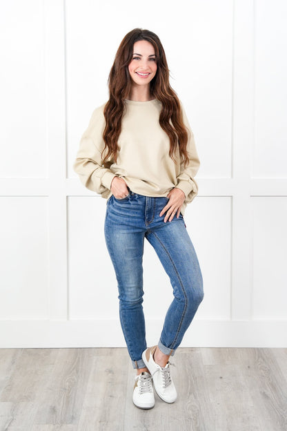 Solid Long Sleeve Round Neck Crop Sweatshirt