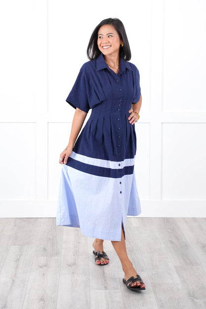 Color Block Short Sleeve Button Down Midi Dress