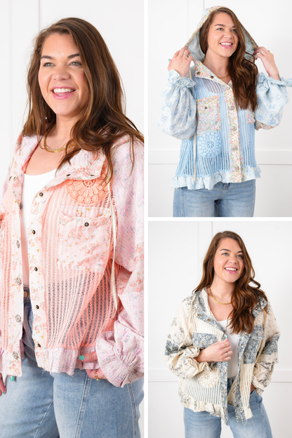 POL Crochet and Floral Long Sleeve Hooded Jacket