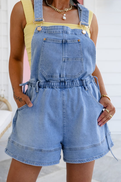 Denim Bib Short Overalls with Drawstring Waist Detail