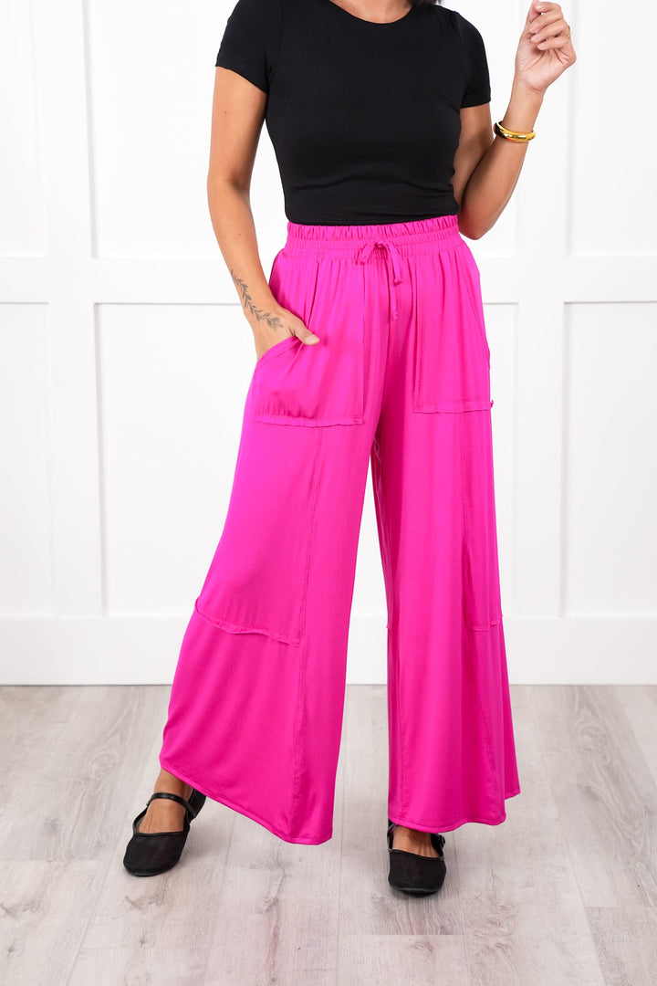 Plus/Reg Solid Elastic Waist Wide Leg Pants