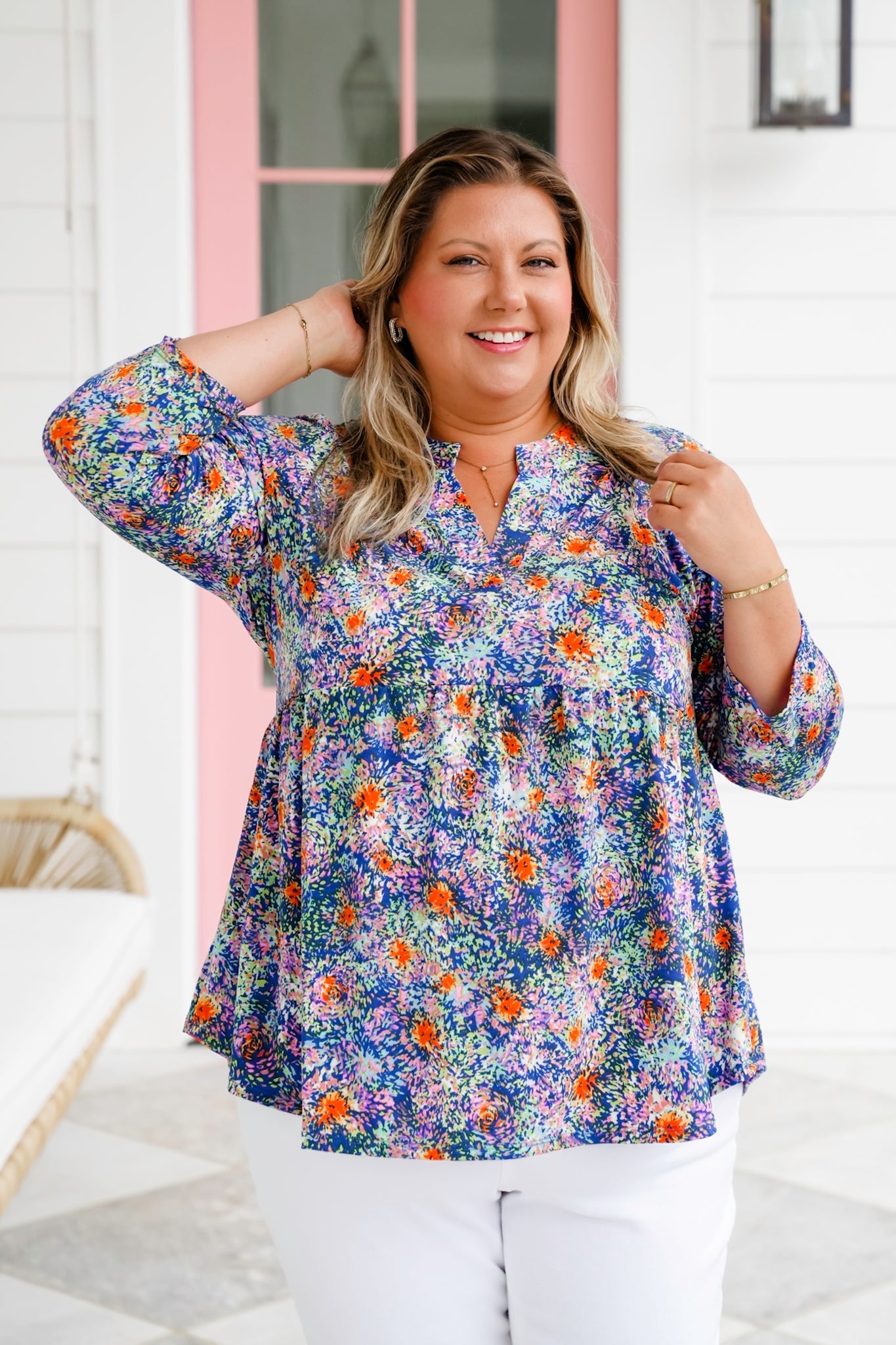 Plus/Reg Multi Color Print 3/4 Sleeve V Neck Blouse Top