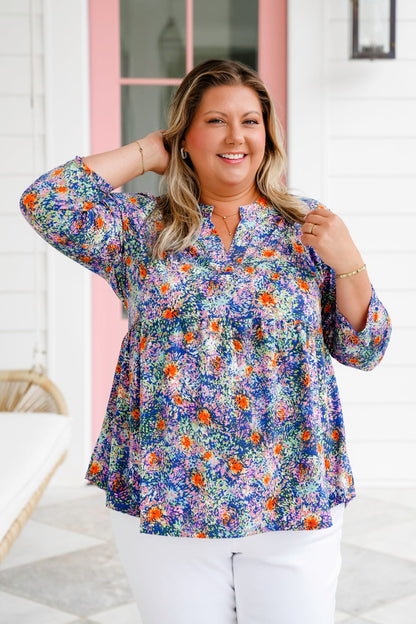 Plus/Reg Multi Color Print 3/4 Sleeve V Neck Blouse Top