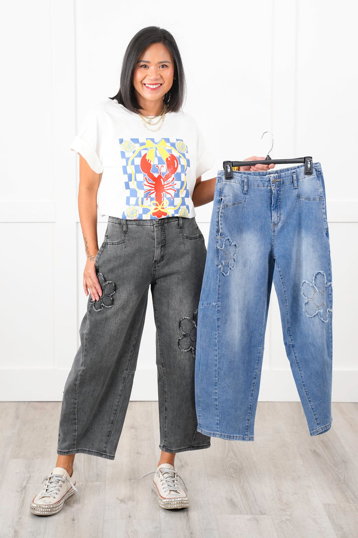 Washed Denim Barrell Jeans with Flower Patch Detail