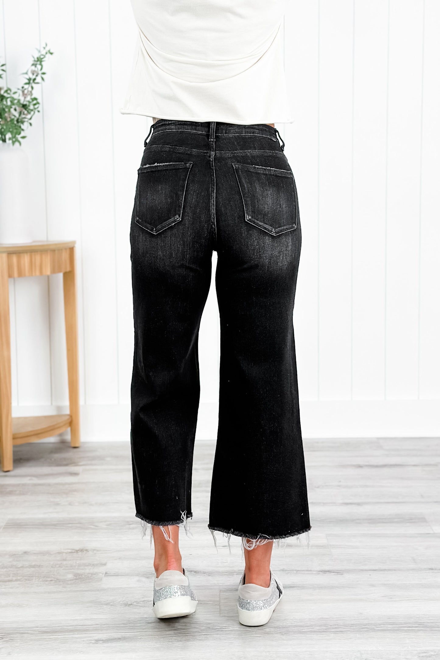 Risen High Rise Black Frayed Ankle Wide Leg Jeans