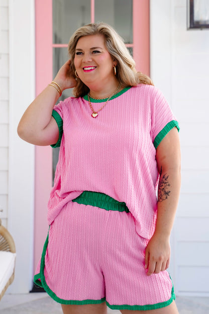 Plus/Reg Cable Knit Short Sleeve Top with Contrast Detail