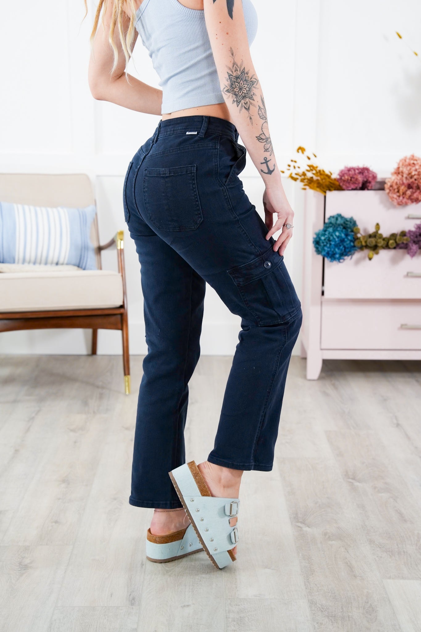 Risen High Rise Navy Cargo Pants