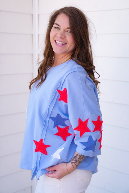 Restock! Plus/Reg Knit 3/4 Sleeve Pullover Top with Star Patch Detail