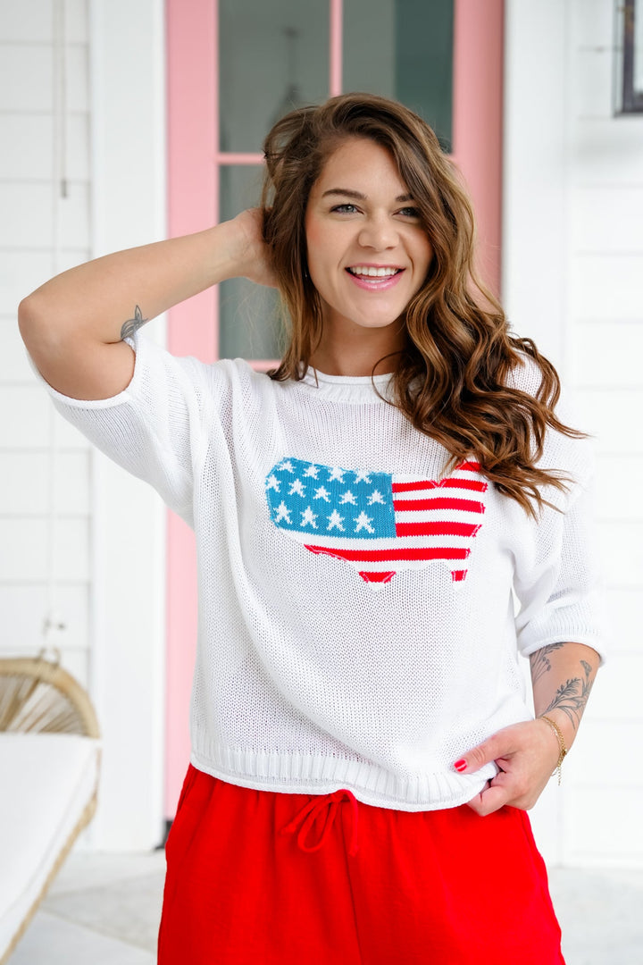 White Knit Short Sleeve American Flag Sweater