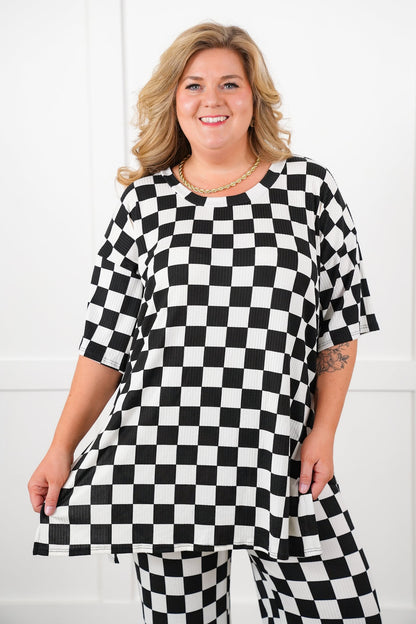 Plus/Reg Ribbed Checkered Short Sleeve Tunic Top and Pants Set