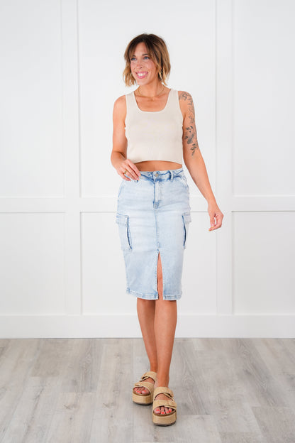Risen High Rise Light Wash Midi Cargo Skirt