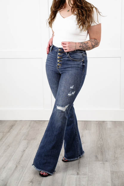Judy Blue Mid Rise Medium Wash Button Fly Distressed Flare Jeans with Fray Hem