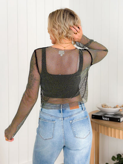Metallic Rhinestone Mesh Long Sleeve Top (Multiple Colors)