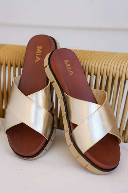 MIA Gold Cross Strap Platform Sandal