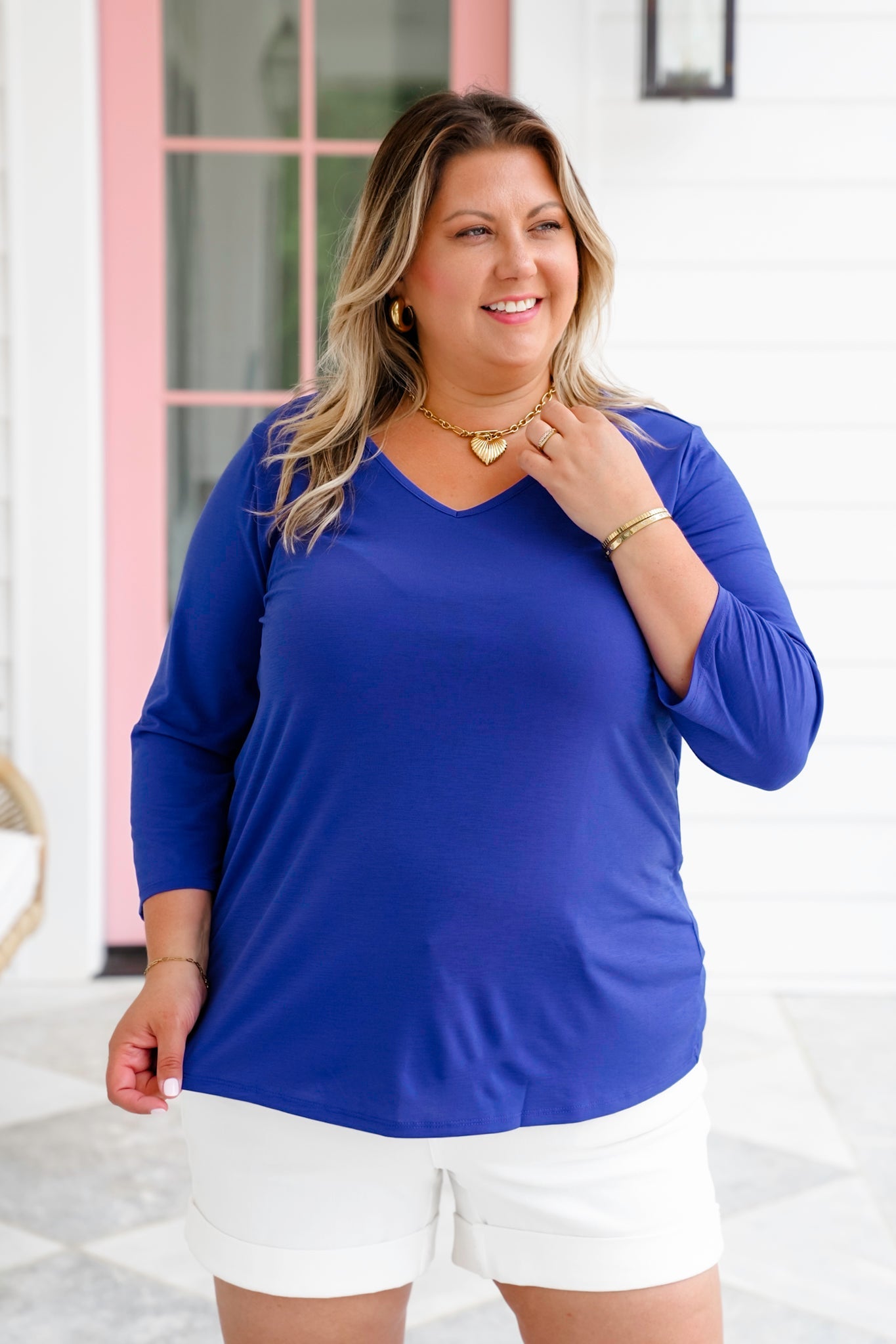 Door Buster! Plus/Reg Solid 3/4 Sleeve V Neck Blouse Top