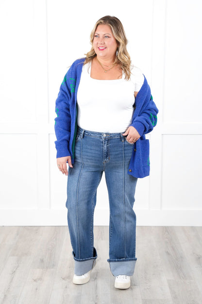 Risen High Rise Medium Wash Wide Leg Straight Cuffed Ankle Jeans