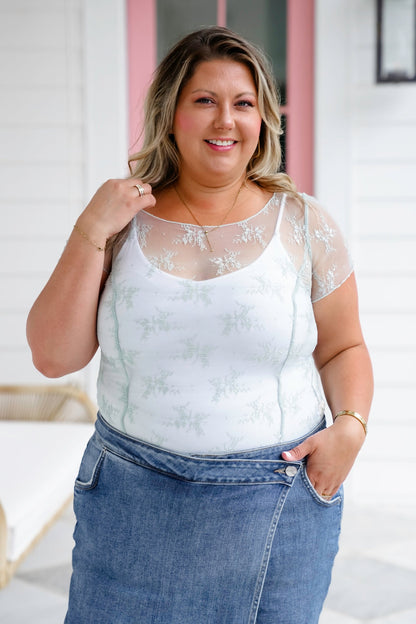 Floral Mesh Short Sleeve Top with Ruching Detail