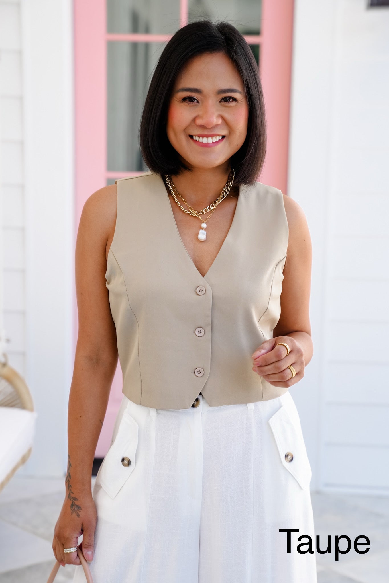 Solid Woven Button Down V-Neck Vest