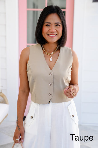 Solid Woven Button Down V-Neck Vest