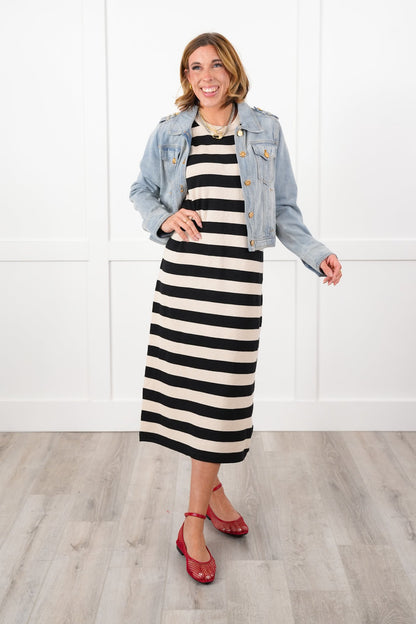 Wide Stripe Short Sleeve Crew Neck Knit Dress with Button Detail