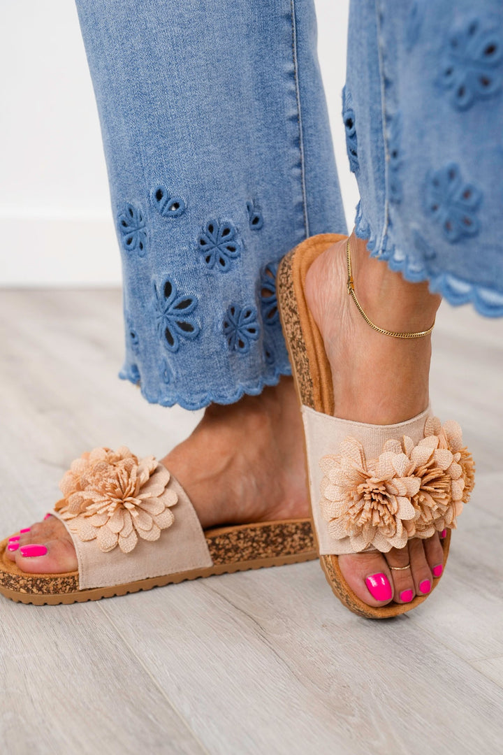 Corky's "Wild Child" Cork Slide Sandals with Floral Accents