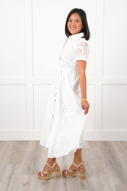 White Eyelet Short Sleeve Button Down Midi Dress with Belt Detail