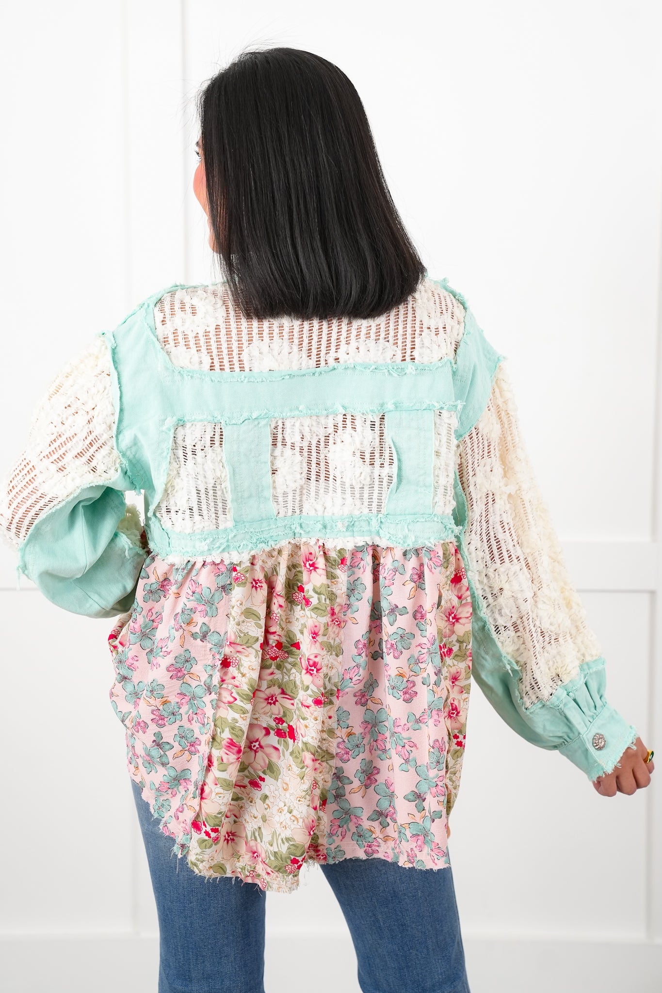 POL Mint Twill Long Sleeve A-Line Jacket with Crochet and Floral Detail