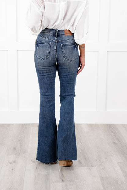 Judy Blue The Bella Mid Rise Medium Vintage Wash Tummy Control Cut Hem Flare Jeans